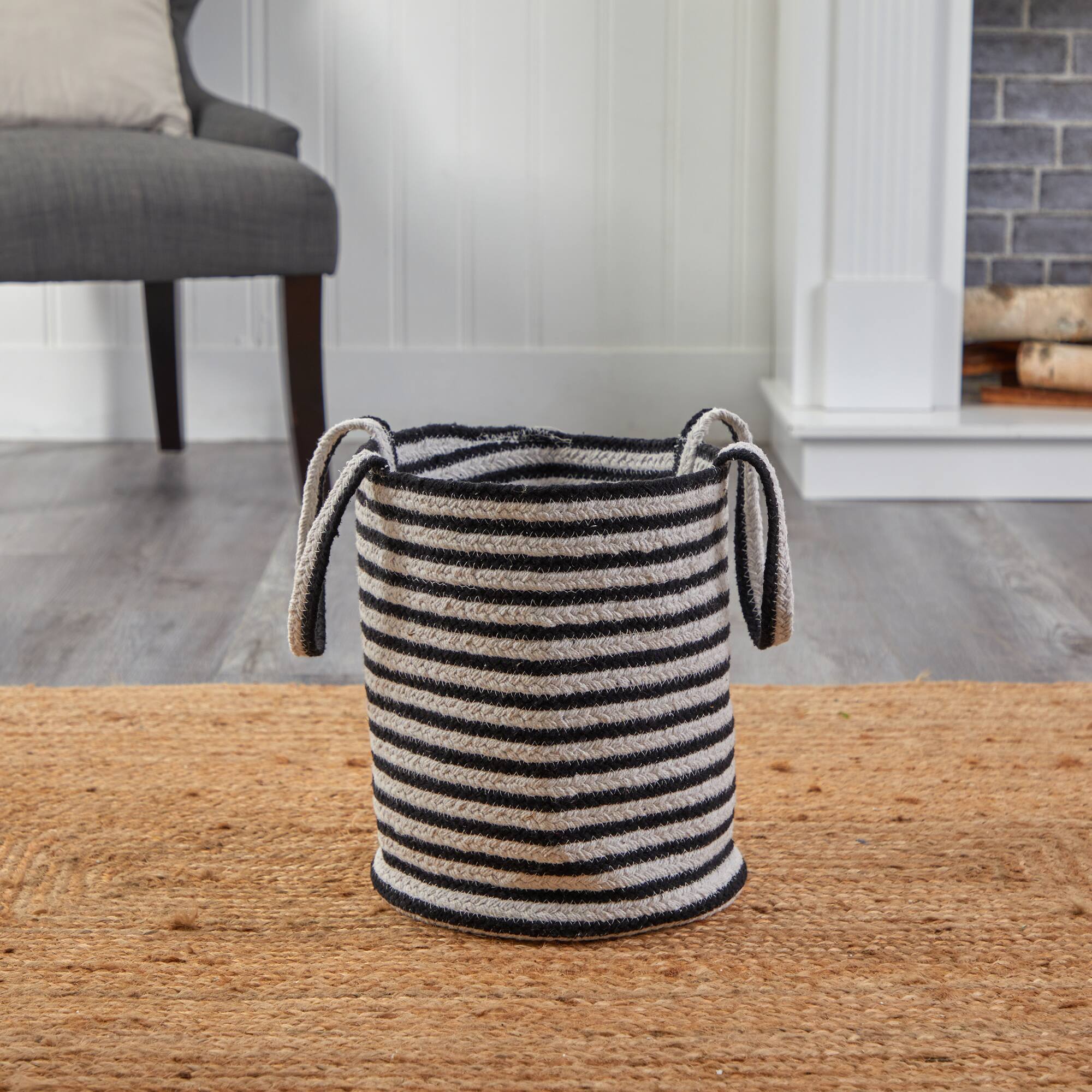 13'' Black & White Striped Natural Cotton & Jute Basket Planter